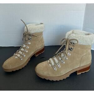 Marc Fisher LTD Brylee Beige Cream Shearling Trim Suede Lace Up Combat Boots 10M